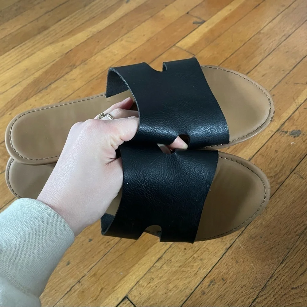 Black and Tan Slip-On Sandals with Suede Straps